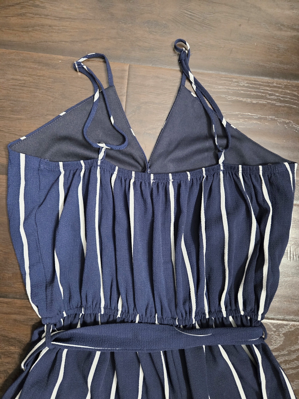 Navy and White Vertical-Stripe Wide-Leg Jumpsuit - Picture 6 of 11